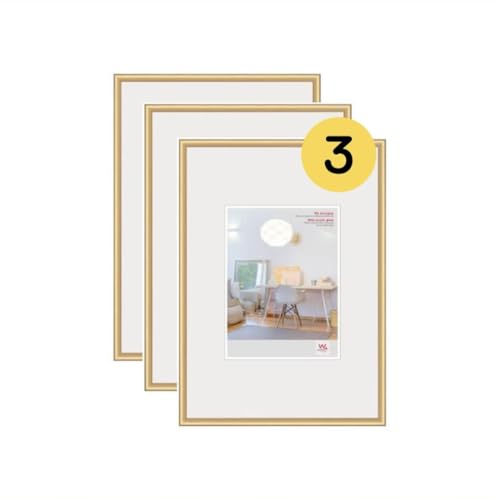 walther Design Picture Frame Gold 29,7 x 42 cm (DIN A3) with Art Glass 3-Pack, New Lifestyle Plastic Frame KVX342G3