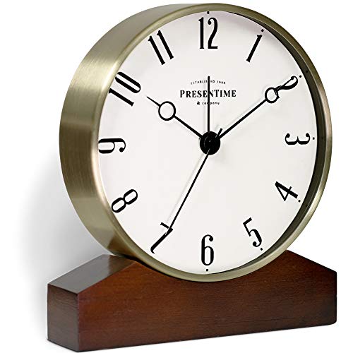 PRESENTIME & Co Mozart Mantel Alarm Clock, Desk and Shelf Clock, Tabletop Decoration, 6 x 5.5 inch, Silent no Ticking, Wooden Base, Walnut Finish, Golden Color, Arabic Numeral