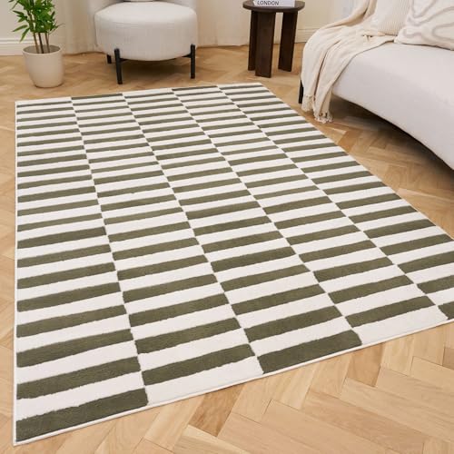 THE RUGS Living Room Rug, Loft Collection – Modern Textured 14mm Soft Pile Area Carpet, Non-Shedding & Easy Care [ Block Stripe Green, 80x150 cm]