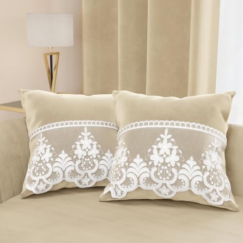 PETTI Artigiani Italiani - 2 Velvet Cushions with Rebrod?? Lace, Filling Included, 80 x 80 cm, Cream