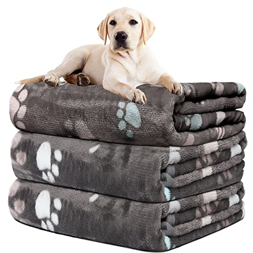 "Rezutan Upgraded Dog Blankets for Large Dogs,3Pack Dog Cat Blankets Washable, Soft Pet Mat Throw Cover for Kennel Crate Bed, Cute Paw Pattern, Dog Blanket, Pet Blanket (Grey 31""x41"")"
