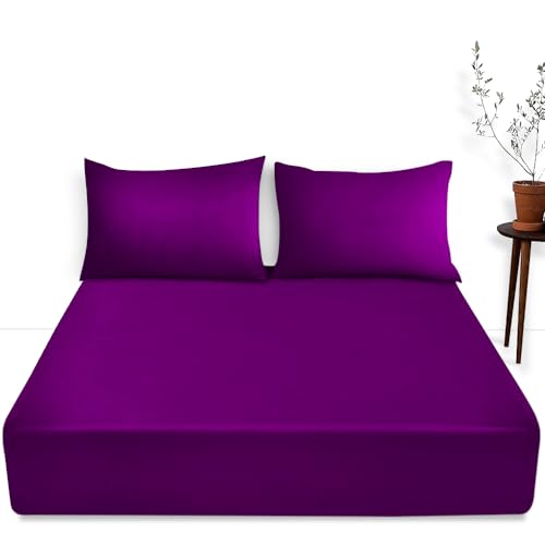 Easy Care Plain Dyed Fitted Bed Sheet - 16” / 40 cm Deep Pocket Bedsheet With Elastic Corners - Breathable & Comfy Bedding Sheet Berry, Single