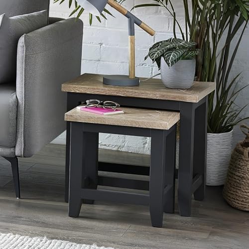 Julian Bowen Bordeaux Nest Of Tables, Dark Grey - Traditional Nesting Tables for Living Room, Solid Oak & Veneers, No Assembly Needed, Space-Saving Nesting Design