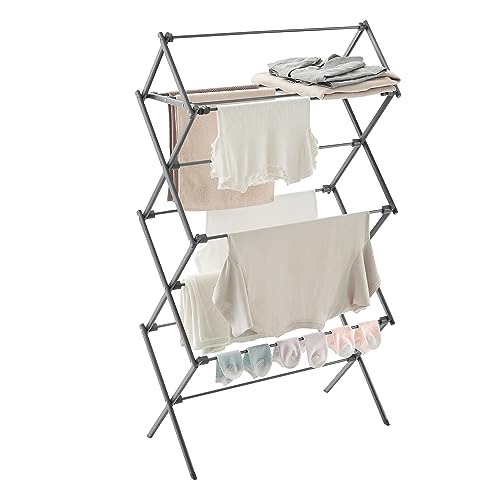 SONGMICS Foldable Clothes Airer, Clothes Drying Rack, Compact Clothes Horse Dryer, Laundry Rack, Steel Frame, 37 x 75 x 135.1 cm, Easy Assembly, Indoor Outdoor Use, Grey LLR770G01