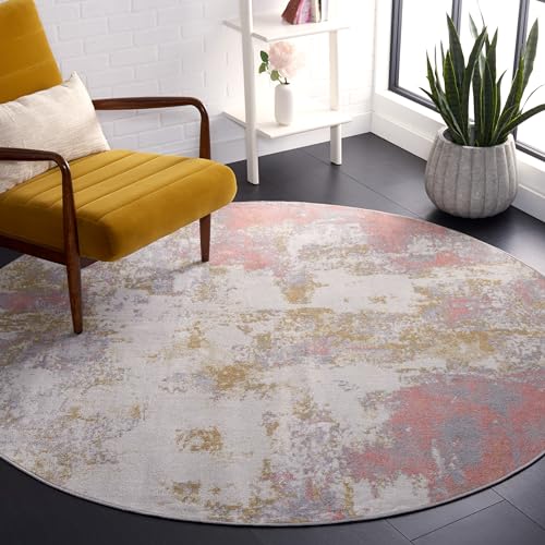 Safavieh Traditional Rug Ideal for High Traffic Areas - Machine Washable - Arizona Collection, Short Pile, in Pink and Grey, 201 X 201 cm