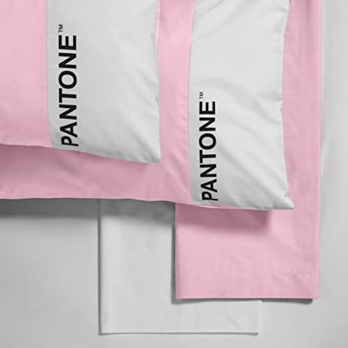 Pantone™ Single Bed Set with Single Bed Sheets 150 x 280 cm + Pillow Case 50 x 80 cm + Single Fitted Sheet 90 x 200 cm Cotton for Single Mattress 25 cm, Pink/White