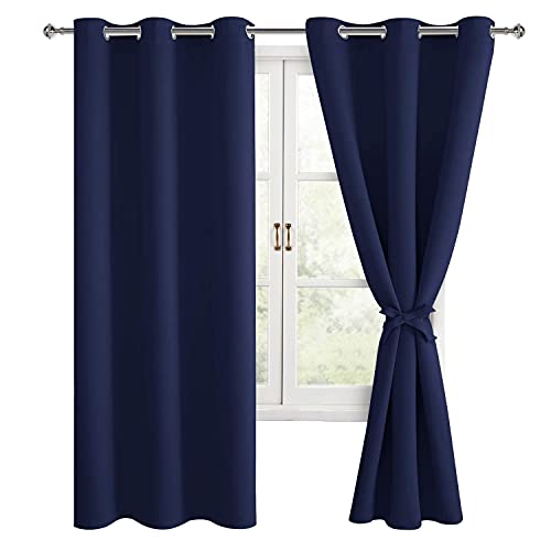 Hiasan Blackout Curtains for Bedroom, 42 x 63 Inches Length - Thermal Insulated & Light Blocking Window Curtains for Living Room/Kids Room, 2 Drape Panels Sewn with Tiebacks, Navy Blue