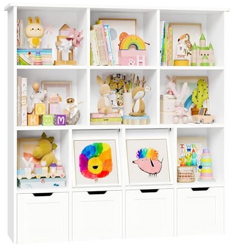 IRONCK Kids Toy Storage Unit Childrens Bookcase Kids Bookshelf 2 Concealed Flip Doors, 4 Drawers with Wheels, 10 Open Shelves, Toy Organiser, for Nursery Playroom, 125.6x31x120cm, White