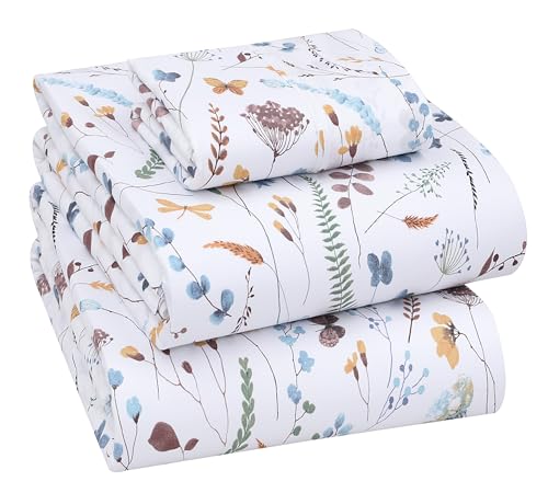 "RUVANTI Fern Class 100% Cotton Twin Sheets - 3 Piece Percale Soft & Breathable - 16"" Deep Pocket - Hotel Quality - Cool & Firm Feel - Durable - Flowers & Butterflies"