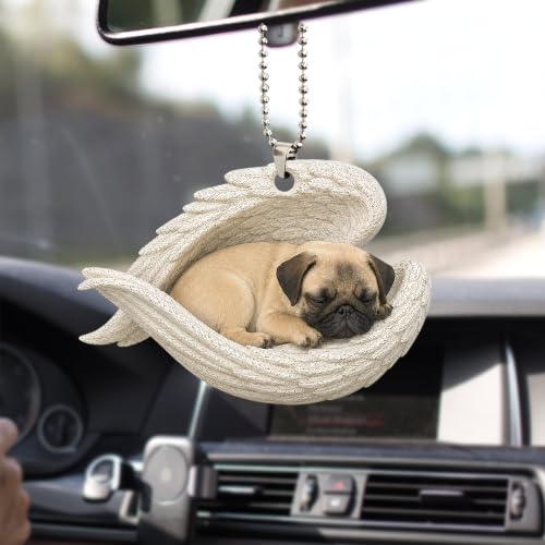 Talataca Pug Sleeping Angel Wing Memorial Animal Pet Dog Farmhouse 2D Flat Car Rear View Mirror Accessories Christmas Tree Ornament Decoration Hanging Charm Interior Rearview Pendant Decor Gift