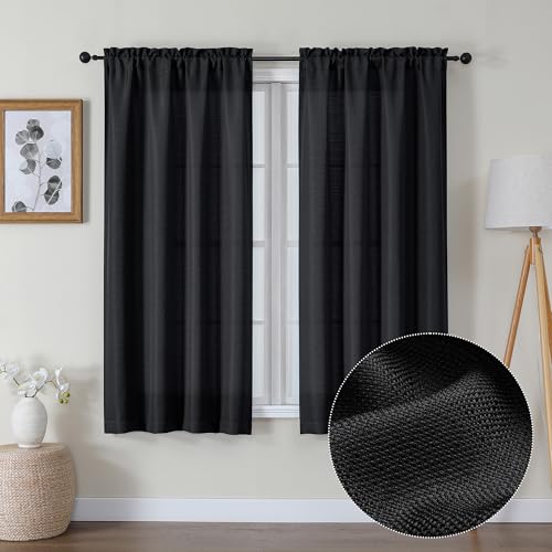 Lecloud Bessie Black Curtains 63 Inch Length 2 Panels, Light Filtering Breathable Faux Linen Curtain Panels, Dual Rod Pocket Curtains for Bedroom Living Room, Each 40 W x 63 L