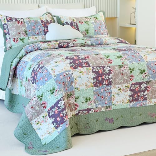 "EVENHUG 100% Cotton Quilt Set Queen Size Floral Patchwork Bedding Sets with Pillow Shams Breathable Lightweight Bedspreads Coverlet for All Season 3 Piece (92""x96"")"