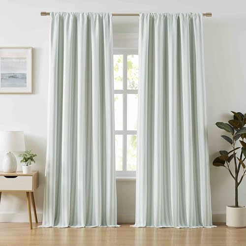 "ZJDECOR 84 Inches Long Green White Stripe Full Blackout Curtains Rod Pocket - Cotton Blend Room Darkening Striped Drapes,Farmhouse Window Treatment,Living Room Bedroom,Back Tab,55""Wx84""L(Pack of 2)"