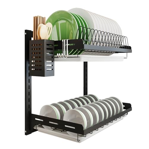 junyuan Kitchen Dish Rack,Hanging Silverware Dish Drying Rack Organizer Storage Shelf Over The Sink,2 Tier Wall Mount Bowl Holder with Drain Tray,Stainless Steel Black Coating (2 Tier, 16)