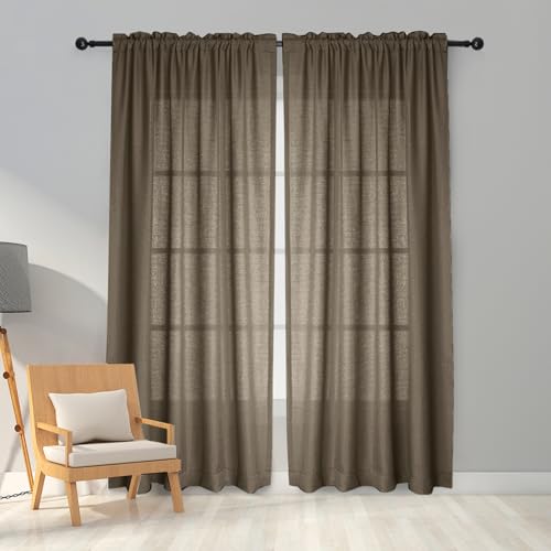 "Melodieux Brown Semi Sheer Curtains 54 Inches Long, Bedroom Short Sheer Curtains, Faux Linen Farmhouse Light Filtering Rod Pocket Shiny Sheer Drapes Home Office, 52"" W x 54"" L, 2 Panels"