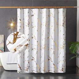 HYAWGE White and Gold Marble Shower Curtains for Bathroom,Glitter Shower Curtain with Hooks,Unique Foil Gold Printed,Water Proof,Washable,Fabric Shower Curtain,Standard 72x72 Inches