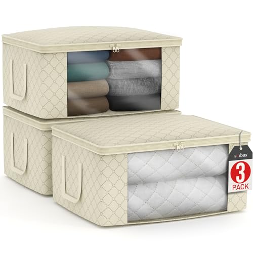 Sorbus Foldable Storage Bag Organizers, Large Clear Window & Carry Handles, Great for Clothes, Blankets, Closets, Bedrooms, and more (3-Pack, Beige)
