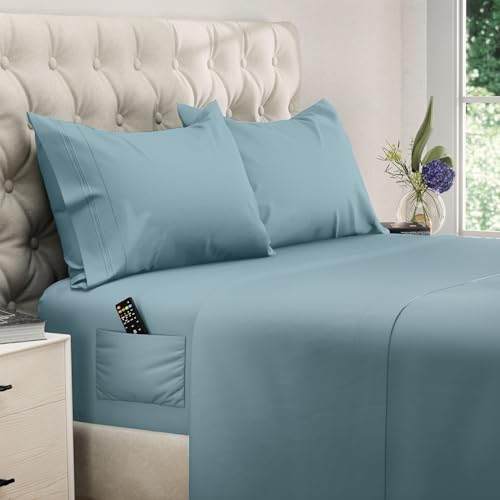 "DREAMCARE Queen Sheet Set - 4 pcs Breathable Cooling Sheets - up to 15"" Deep Pocket Queen Sheets Set with Side Pockets - Extra Soft 100% Brushed Hypoallergenic Hotel Luxury Bedding - Mineral Blue"