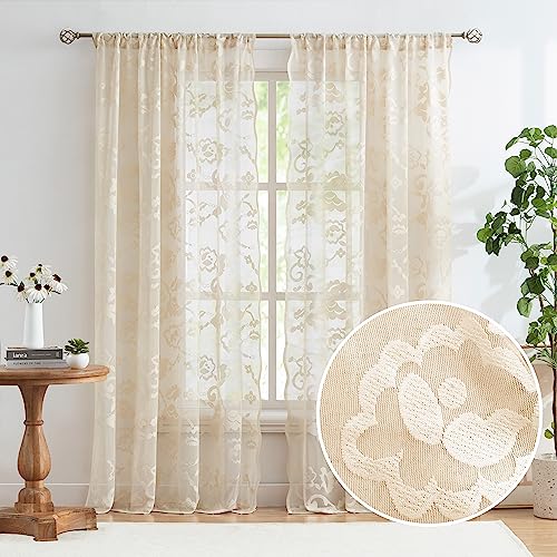 "Jubilantex Beige Floral Lace Sheer Curtains with Decorative Scalloped Edge 84 Inches Long for Bedroom Living Room Girl's Room,Set of 2 Panels,52"" W"
