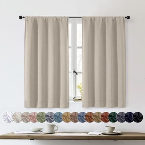 OWENIE Sally Stone Short Blackout Curtains for Bedroom Living Room 45 Inch Length 2 Panels Set, Solid Energy Saving Insulated Bathroom Window Treatment Curtains Blackout Drapes, W40 x L45, Stone