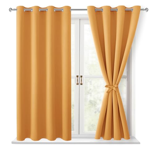 Hiasan Blackout Curtains for Bedroom, 52 x 54 Inches Long - Thermal Insulated & Light Blocking Window Curtains for Living Room, 2 Drape Panels Sewn with Tiebacks, Pumpkin Orange