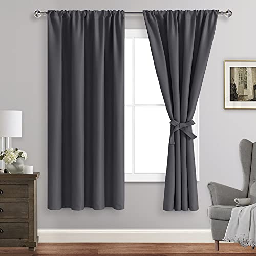 JIUZHEN Blackout Curtains for Bedroom??? Thermal Insulated,Noise Reducing Room Darkening Rod Pocket Curtains for Living Room, Set of 2 Panels with Tiebacks, 42 x 63 inch Long, Dark Grey