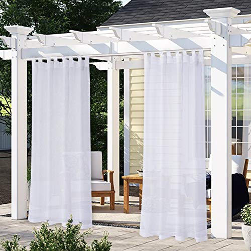 LORDTEX Burlap Linen Look Outdoor Curtains for Patio 2 Panels - Waterproof Tab Top Sheer Curtains for Pergola, Porch, Cabana, Gazebo Indoor/Outdoor Voile Sheer Drapes, 52 x 95 Inch, White