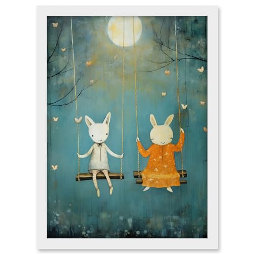 Artery8 Rabbits on a Swing with Moonlit Butterflies Calming Baby Nursery Artwork Framed A3 Wall Art Print