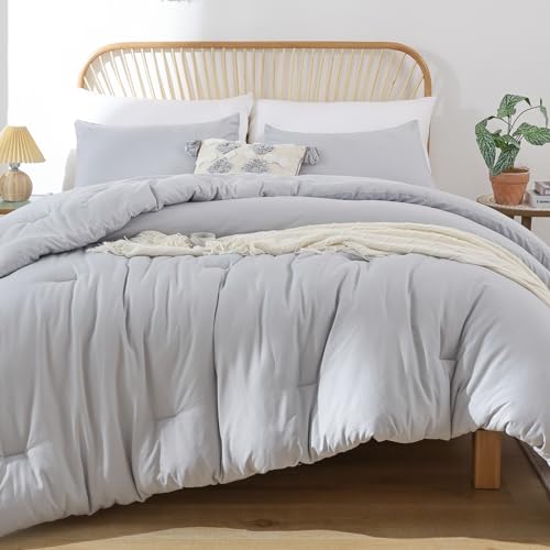 ROSGONIA Comforter Full Size for Girls Boys Teens Light Grey, 3pcs(1 Boho Grey Comforter & 2 Pillowcases) Lightweight Soft Dorm Bedding for All Season