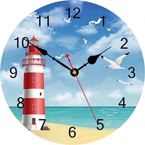 TAHEAT Wall Clock, Lighthouse Seagull and Ocean Clocks, 12 Inch Silent Battery Operated Wall Clock for Bathroom Living Room Kitchen Bedroom