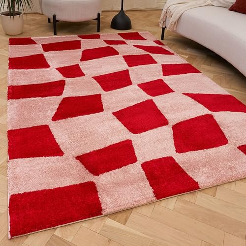 THE RUGS Joli Area Rug - Soft Dense Pile Modern Artistic Design, Durable & Easy Care Carpet for Living Room & Bedroom - Irregular Checkered Red & Pink, 80 x 150 cm