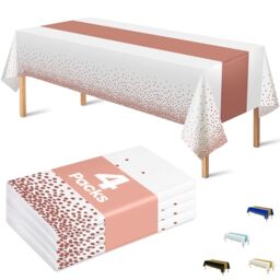 "OHOME 4 Pack Disposable Plastic Table Cloths,White and Rose Gold Rectangle Table Covers for Birthday Bridal Bachelorette Pink Sweet 16 Party Decorations - Baby Shower Decorations for Girl 54"" x 108"""