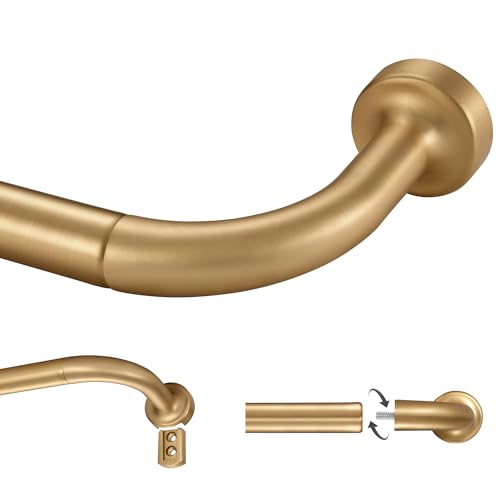 Lwiiom Warm Gold Curtain Rod for Windows 28 to 56 Inch, Internal Splicing 1 Inch Diameter Disc, Adjustable Room Darkening Curtain Rod with Aluminum Finials and Brackets, Wrap Around Design