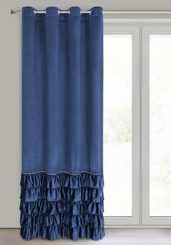 Eurofirany Carli Velvet Curtain with Ruffles, Velvet Curtain with Eyelets, Opaque Blackout Curtain for Living Room, Bedroom, 140 x 250 cm, Dark Blue