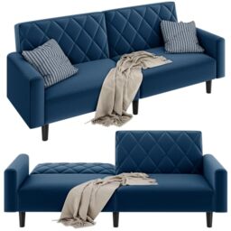 Yaheetech Blue Velvet Convertible Sofa with Adjustable Backrest