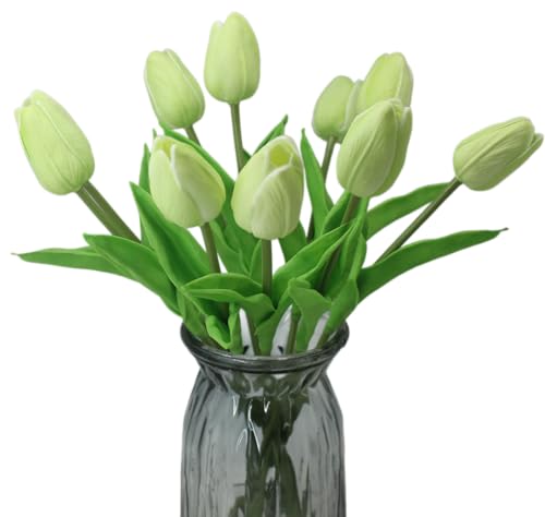 ALIERSA 10 Heads Artificial Tulips,Green - 13.38 Inch,Real Touch PU Faux Floral,Mini Artificial Flowers for Home Decor Wedding Centerpiece Party Table Arrangment