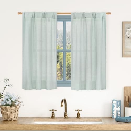 LAMIT Short Linen Curtains 40 inches Long for Small Window, Rod Pocket Linen Drapes Light Filtering Privacy Window Curtains for/Cafe, 2 Panels (29 x 40 Inch, Light Blue)