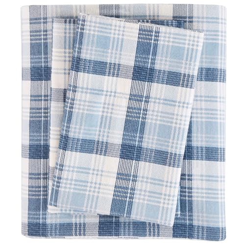 "Woolrich Flannel 100% Cotton Sheet Set Warm Soft Bed Sheets with 14"" Elastic Pocket, Cabin Lifestyle, Cold Season Cozy Bedding Set, Matching Pillow Case, Cal King, Blue Plaid, 4 Piece"