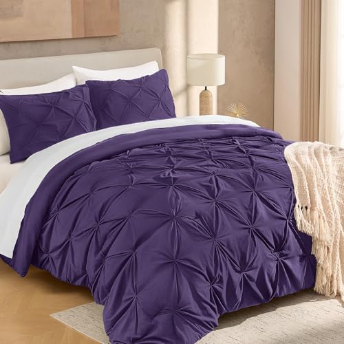 "Andency California King Pinch Pleat Purple Comforter Set 3 Piece Bedding - Lightweight Comforter with 2 Pillow Shams,104""x96"", Pintuck Fluffy, All Season Use, Boho Cute Style for Bedroom"