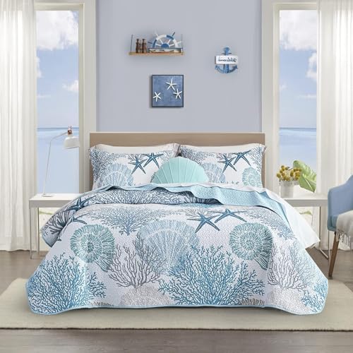 Tritard 3 Piece Coastal Quilt Sets California King Size - Reversible Microfiber Quilts with 2 Shams Soft Lightweight Beach Bedding Nautical Bedspread Summer Coverlet for All Season, 118''x106''