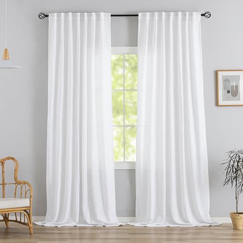 DONREN White Linen Back Tab Curtains 105 Inches Long 2 Panels for Bedroom,Modern Farmhouse Hooks Belt Pleated Semi Privacy Drapes Shabby Chic Light Filtering Window Curtains W72 x L105