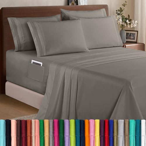 Elegant Comfort 1500 Premium Quality 6-Piece Bed Sheet Set - 18-24 Inch Extra Deep Pocket, Smart Storage Pockets, Wrinkle Free Ultra Soft 6PC Extra Deep Pocket Sheets, Queen, Gray