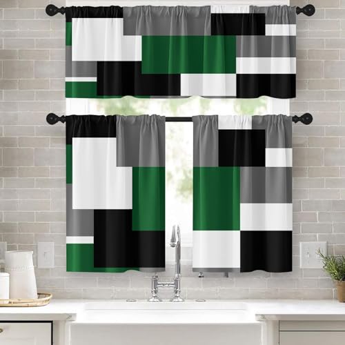"Tayney Green Kitchen Curtains Checkered Window Curtains Valance and Tier Set of 3, Black Grey White Geometric Short Tier Curtain, Modern Abstract Small Kitchen Decor 52"" x 24"""