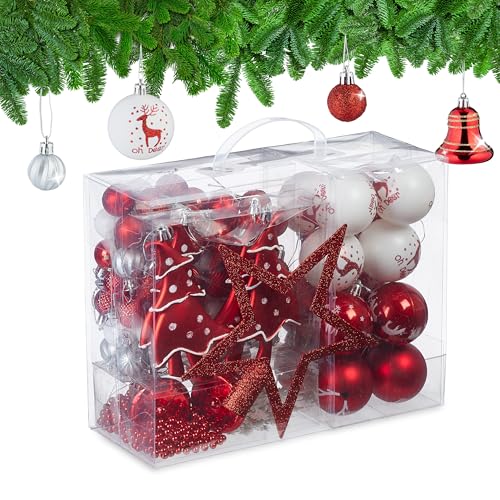 Relaxdays 103x Christmas Ornaments, Plastic, Tree Decor, Balls, Bells, Lace & Beads, Glittery, Matt & Shiny, Red/White