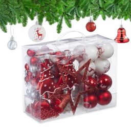 Relaxdays 103x Christmas Ornaments, Plastic, Tree Decor, Balls, Bells, Lace & Beads, Glittery, Matt & Shiny, Red/White