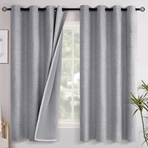 YoungsTex Grey Linen Blackout Curtains 68 Inch Length for Bedroom, Full Light Blocking Burlap Textured Drapes for Living Room Farmhouse Thermal Insulated Blinds with Grommet, 2 Panels, 52 X 68 Inch