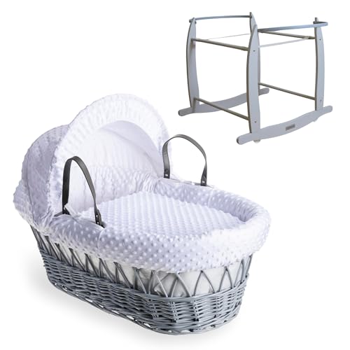 Clair de Lune Dimple Grey Wicker Moses Basket with Grey Deluxe Rocking Stand 68 x 30 cm (White)