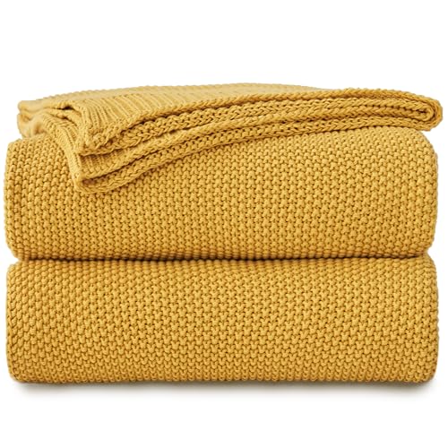 Longhui bedding Mustard Yellow Cotton Cable Knit Throw Blanket for Couch Sofa Bed, Home Decorative Lightweight Knitted Blankets with Bonus Laundering Bag, 50??? x 60???, Machine Washable