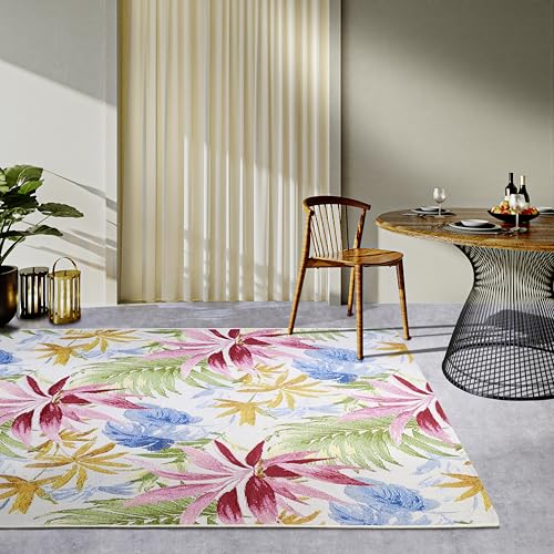 Villeroy & Boch Victor Indoor & Outdoor Rug Modern - Flat Weave Outdoor Rug, Tropical Leaves Design, Oeko-Tex Weatherproof & UV-Resistant for Balcony, Patio, Garden - Cream Colourful, 160 x 235 cm