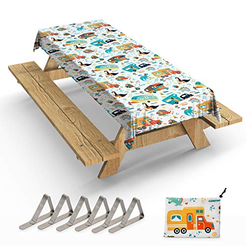 Jolly Camper Picnic Tablecloth, Camping Tablecloth. Waterproof, Spillproof. Fits 4ft to 8ft Tables. Washable and Reusable. Easy to Clean Table Cloth. Camping Tablecloth for Picnic Table